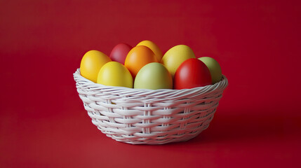 Colorful Easter eggs in white basket on vibrant background