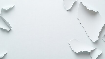 Abstract composition of torn paper edges on a plain white background, perfect for creative designs and artistic projects.