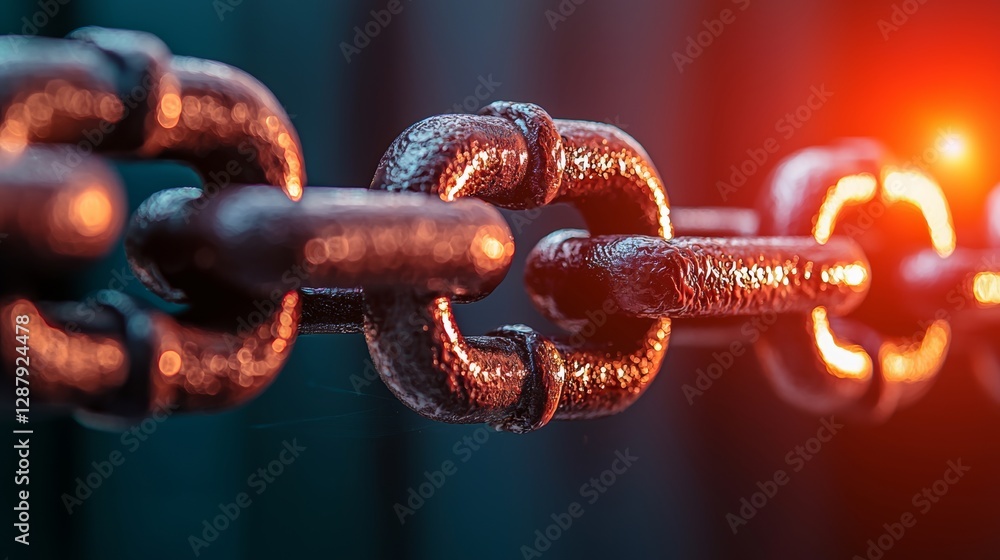 Poster chain link is shown in a black and red color scheme. the chain is wet and the sun is shining on it. 