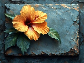 Golden hibiscus blooms softly against cool textured slate background. AI Generated