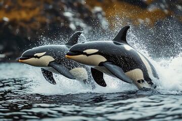 Two Orcas Leap from the Ocean Waves
