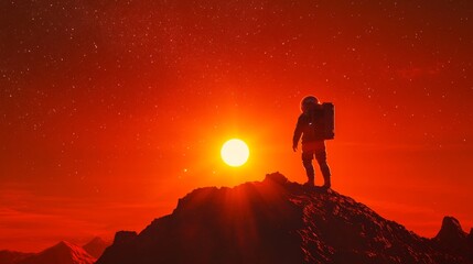 Fototapeta premium Astronaut standing on rocky terrain with bright red sunset and starry sky. Space exploration and adventure concept