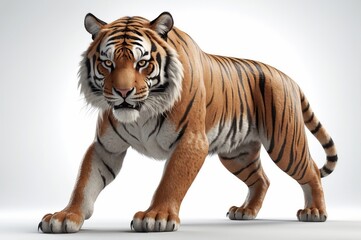 Majestic tiger standing, intense gaze, orange and black stripes, white background.