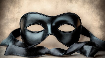 Black mask with a ribbon tied around it. The mask is black and has a shiny appearance