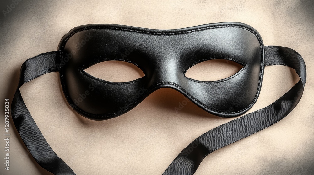 Poster black mask with a black ribbon tied around it. the ribbon is tied in a way that it looks like it's b