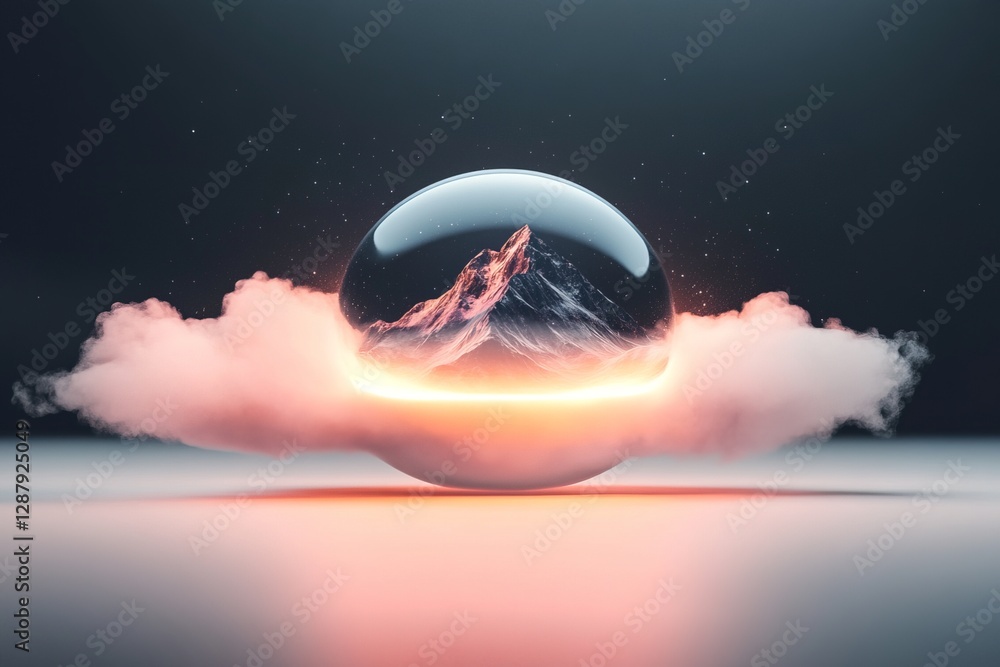 Poster stunning reflection of a mountain inside a floating sphere with clouds