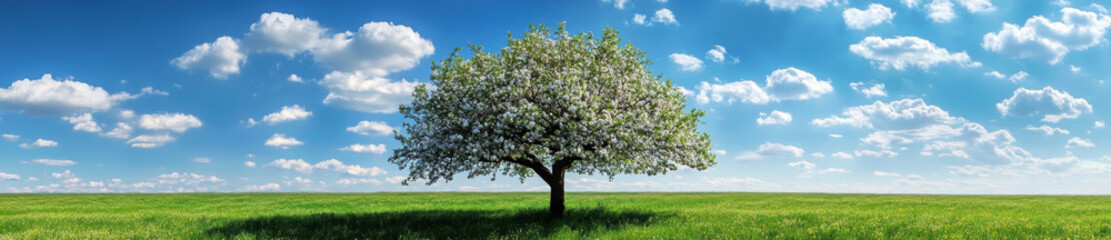 Fototapeta premium beautiful blooming apple tree in spring against clear blue sky