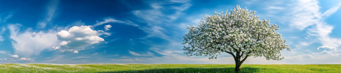 beautiful blooming apple tree in spring against clear blue sky