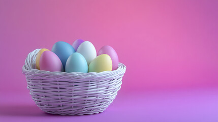 Colorful Easter eggs in white basket on vibrant background