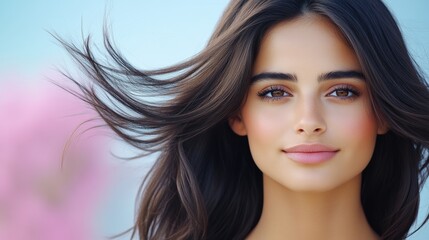 Naklejka premium Woman with long hair and a smile on her face. She is wearing a pink shirt. Concept of happiness and positivity