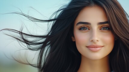 Naklejka premium Woman with long hair and a smile on her face. She has a lot of hair and it is blowing in the wind