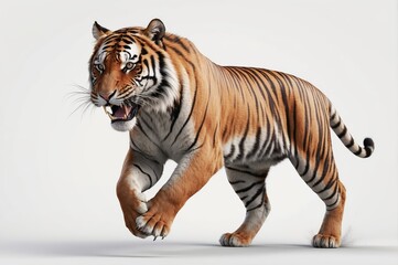 Naklejka premium Majestic tiger walking, snarling, isolated on white background.