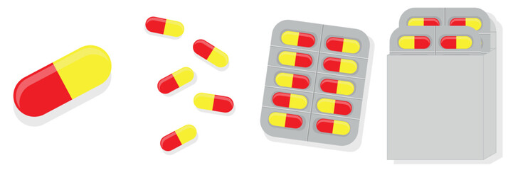 Flat icons of pills isolated on background. Package. Plate. Vector illustration, on a white background
