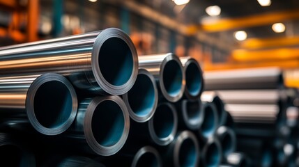 Stack of pipes in a factory. The pipes are silver and black. Scene is industrial and mechanical