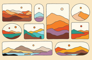 Abstract aesthetic landscape mountains, sun, moon, cloud sky and sea water design vector set