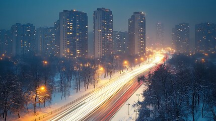 Obraz premium City highway at night, snow, urban scene, light trails