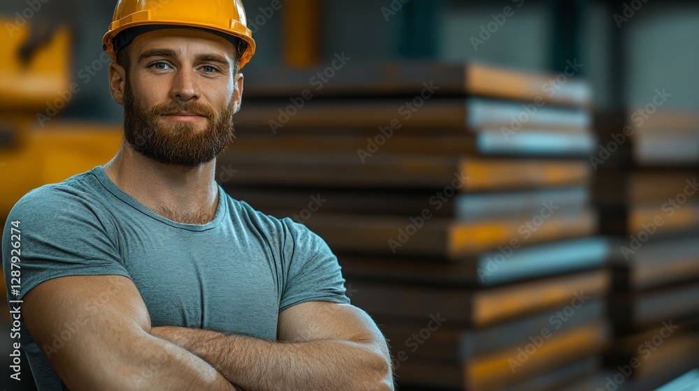 Poster man with a beard and a hard hat is standing in front of a pile of metal. he is smiling and looking a