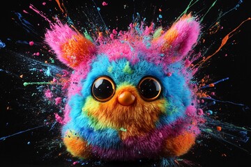 Obraz premium Brightly colored furry creature surrounded by vibrant splashes of paint in an imaginative setting at night