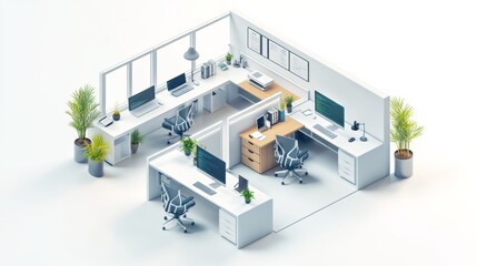 Fototapeta premium Modern office layout featuring ergonomic desks, computers, and plants, designed for productivity and comfort in a collaborative workspace.