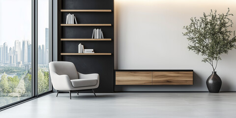 Scandinavian style interior with sofa and coffe table. Empty black concret wall mock up in minimalist interior