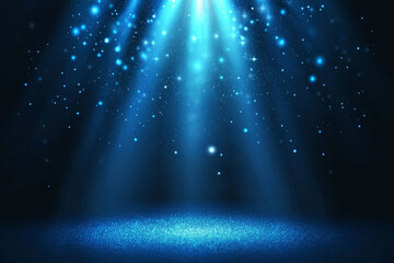 Bright blue spotlight with sparkling particles on dark background