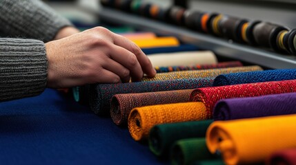 Hands Selecting Colorful Fabric Rolls in a Modern Industrial Textile Factory Workspace