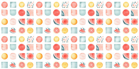 Colorful seamless pattern featuring fruits and geometric shapes on a light background. Generative AI