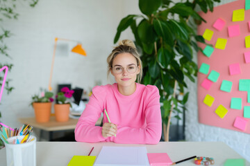 Businesswoman indoor. Woman smiling in the office. Lifestyle model. Student, teacher, worker, IT, journalist, editor