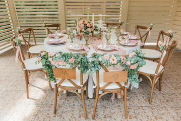 Close-up of rustic wooden chairs with 