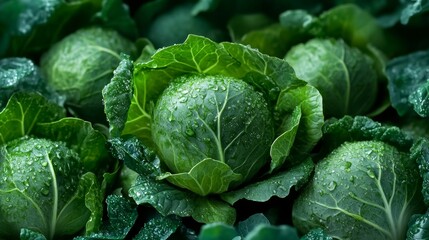 Obraz premium Bunch of green cabbage with droplets of water on it. Concept of freshness and vitality, as the water droplets on the leaves give the impression of a recently harvested crop