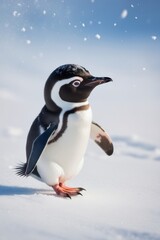 little penguin walk on the snow with a blue sky background