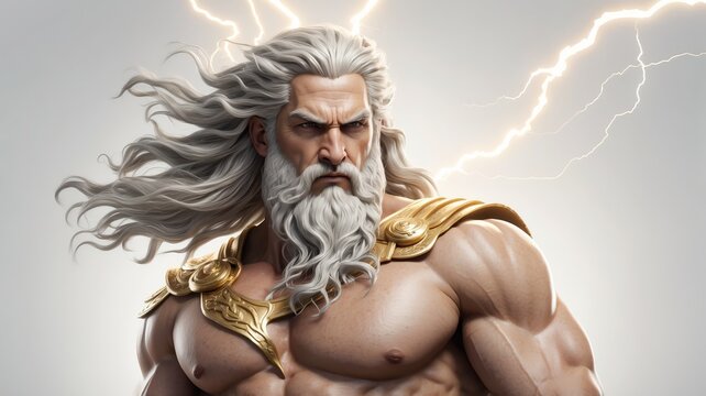 Powerful god with long white hair and beard, muscular, wearing gold shoulder pads, lightning bolts behind.