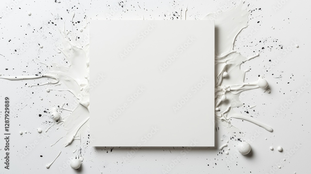 Poster abstract white square and splatters on a textured surface, perfect for creative design concepts.