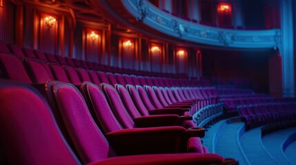 Elegant theater interior with red velvet seats and lighting