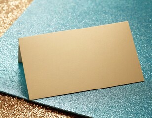 A blank gold place card on a shimmering teal background, perfect for elegant events.