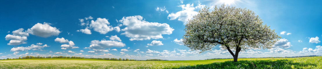 Beautiful blooming apple tree in spring under bright blue sky