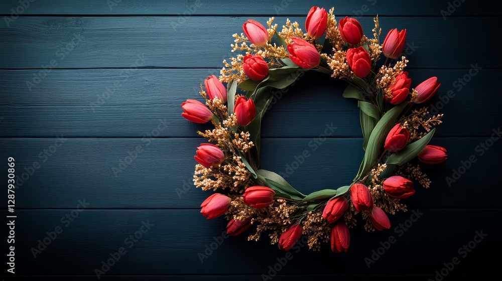 Poster wreath of red flowers sits on a wooden table. the flowers are arranged in a circular pattern, with s