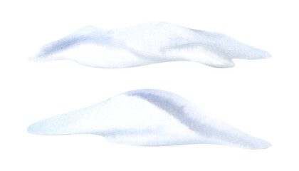 Watercolor snowdrifts illustration set isolated on white. Hand drawn snow hills elements for winter landscape designs and Christmas greetings. North wintertime outdoor nature