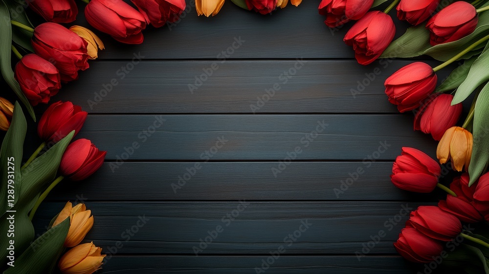 Poster wooden frame with a beautiful arrangement of red and yellow tulips. the frame is black, and the tuli