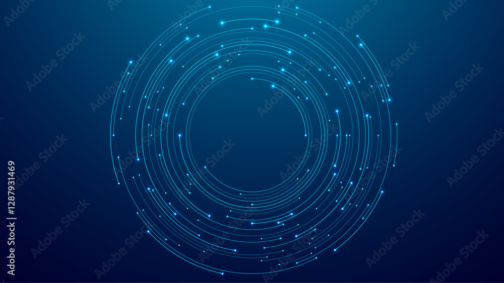 Poster Abstract blue technology background. Circle circuit wires. AI concept. Big data flow elements. Tech bg. AI chip or semiconductor backdrop. Futuristic motherboard. Vector illustration.