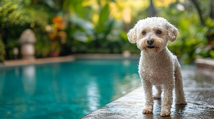 White poodle by pool, tropical garden, summer