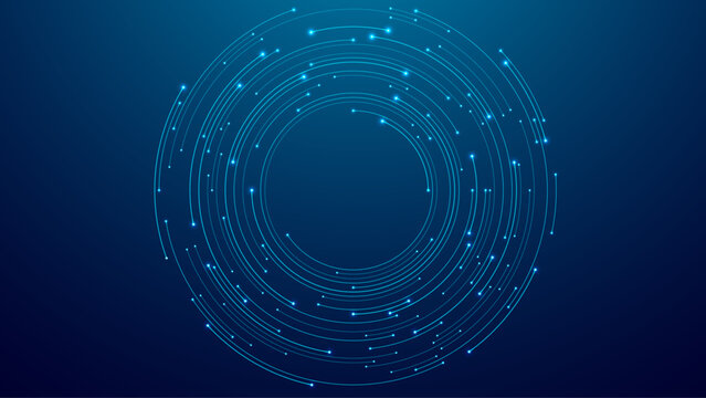Abstract blue technology background. Circle circuit wires. AI concept. Big data flow elements. Tech bg. AI chip or semiconductor backdrop. Futuristic motherboard. Vector illustration.