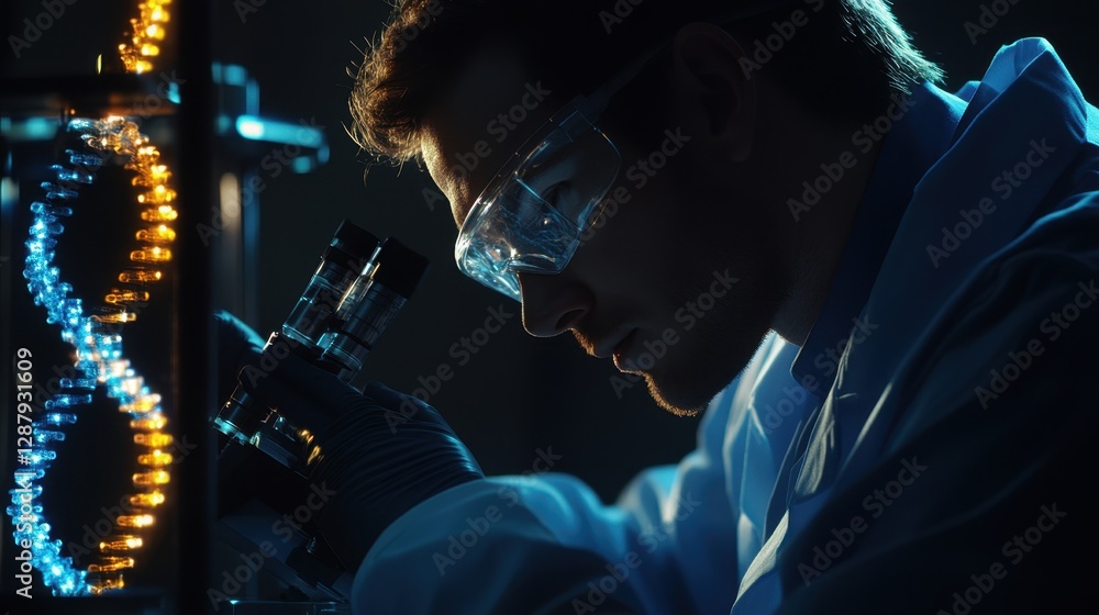Aufkleber close-up of a researcher using a futuristic dna analyzer with holographic data display.