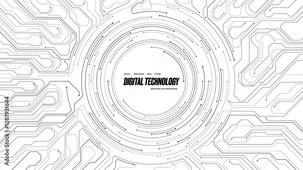 Aufkleber Abstract black circle line wires on a white circuit board. AI chip concept. Technology background. Computer electronics circuit texture or pattern. Futuristic tech bg. Digital vector illustration