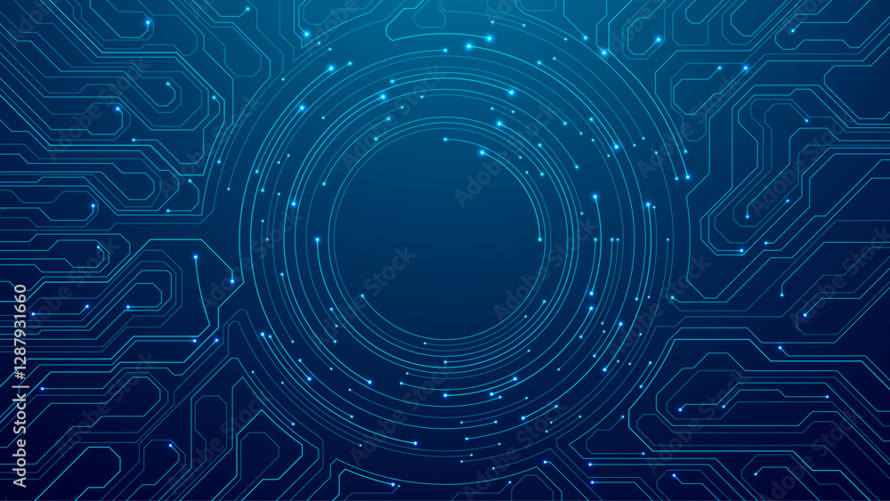 Poster Abstract futuristic blue background with circle circuit wires on an electronics board. Artificial intelligence concept. A dark navy computer motherboard. Tech bg. AI chip. Digital vector illustration.