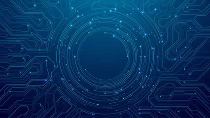 Abstract futuristic blue background with circle circuit wires on an electronics board. Artificial intelligence concept. A dark navy computer motherboard. Tech bg. AI chip. Digital vector illustration.