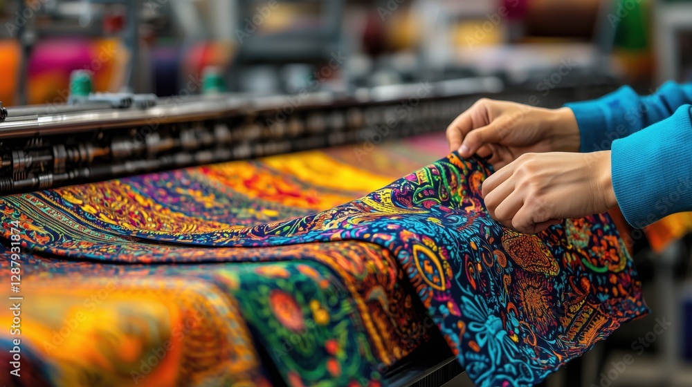 Poster detailed view of hands working with colorful fabrics in an industrial textile factory setting