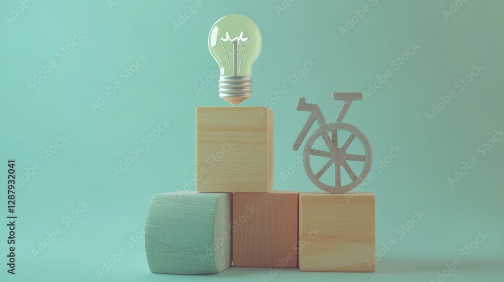 Poster concept of idea generation represented by wooden blocks with cycle and light bulb icons on a clean b