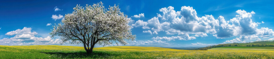 Fototapeta premium Beautiful spring landscape with blooming apple tree under blue sky