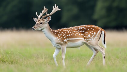 Spotted Deer in Meadow, Forest Background
